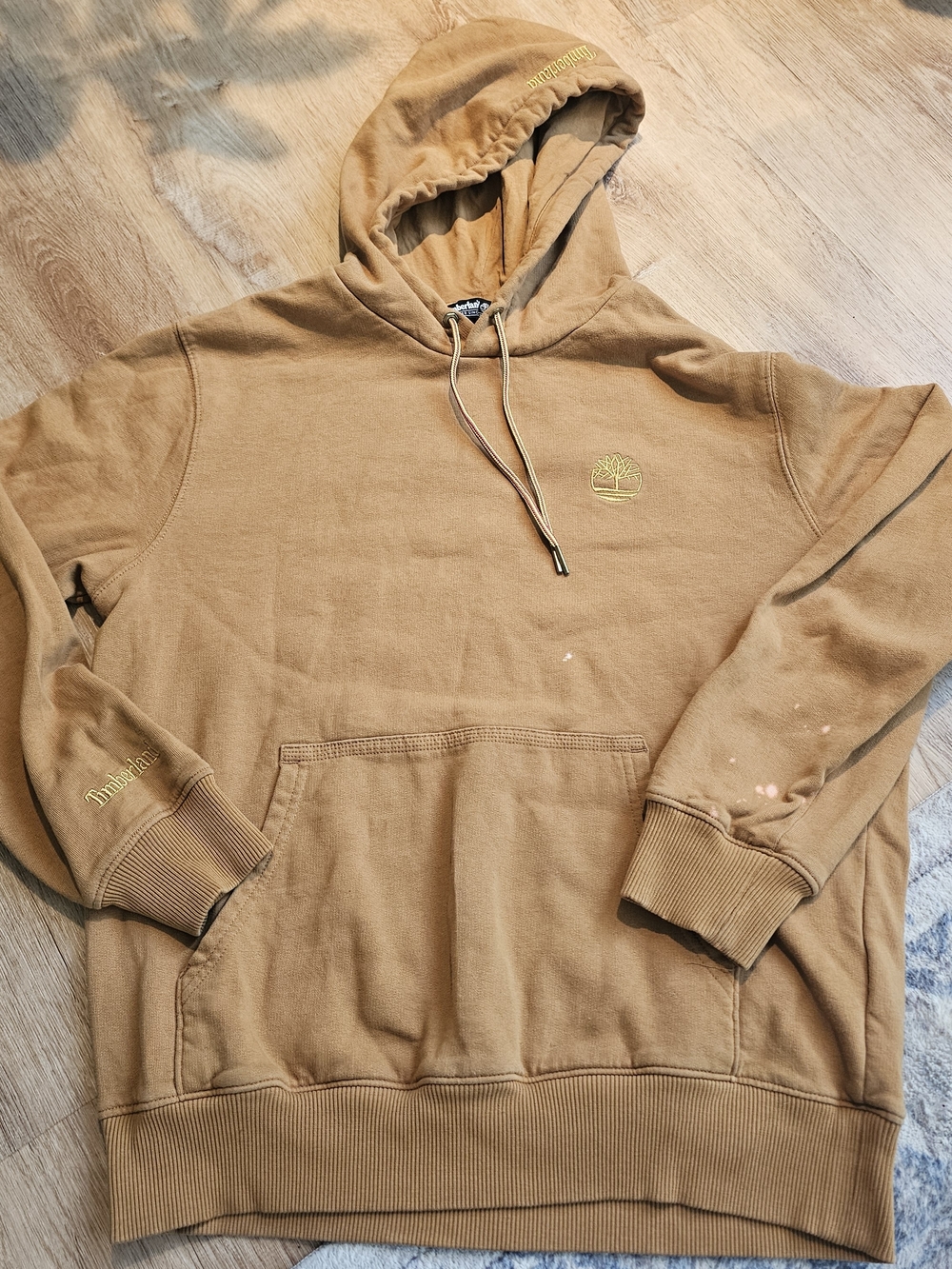 Timberland Men's Tan Hooded Sweatshirt with Yellow Logo Embroidery
